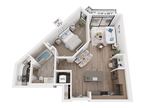 Floor plan for 1 bed, 1 bath, 869 sqft